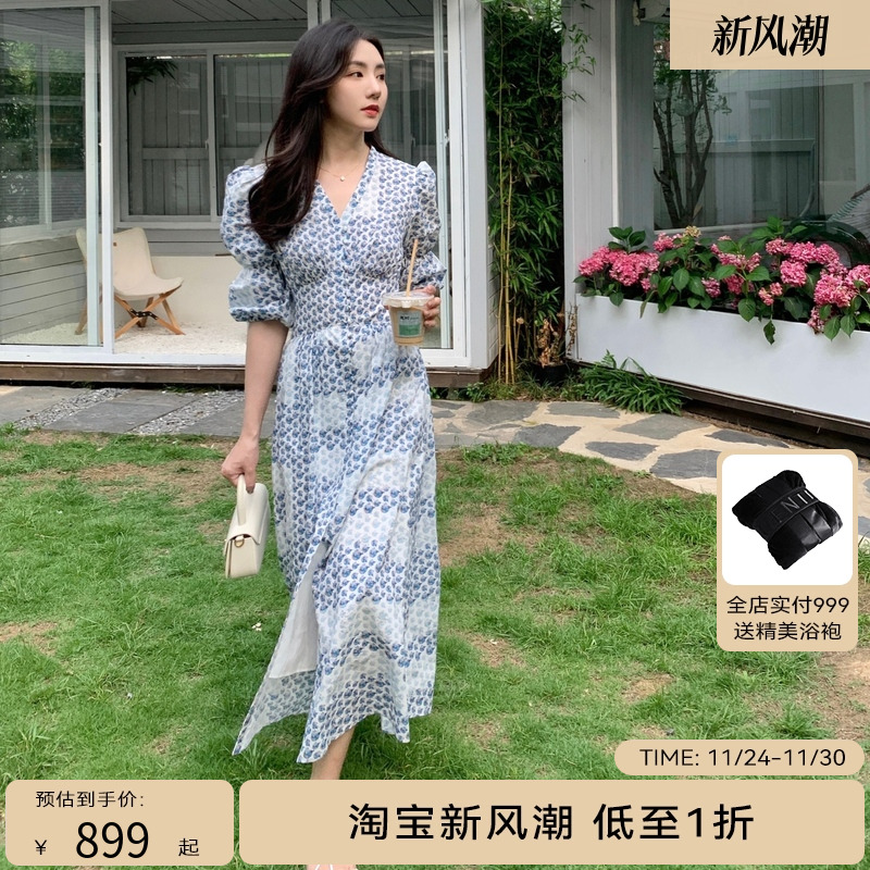 HPLY荷比俪22夏新款女复古廓形宽腰封泡泡袖连衣裙HMC28750261-1