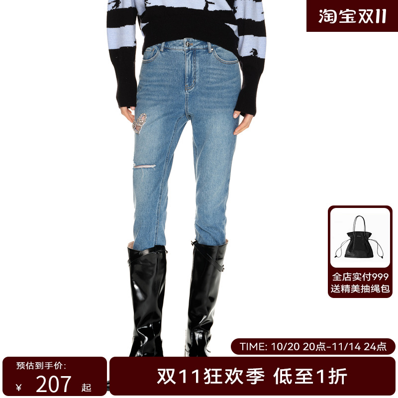 H·GENTEEL荷高年新款冬装女字母刺绣破洞高腰直筒牛仔裤