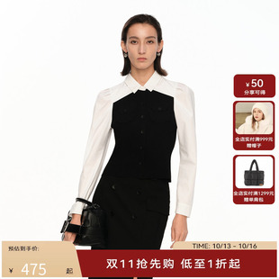 H·GENTEEL荷高新款夏装女毛梭拼接气质女人味泡泡袖衬衫