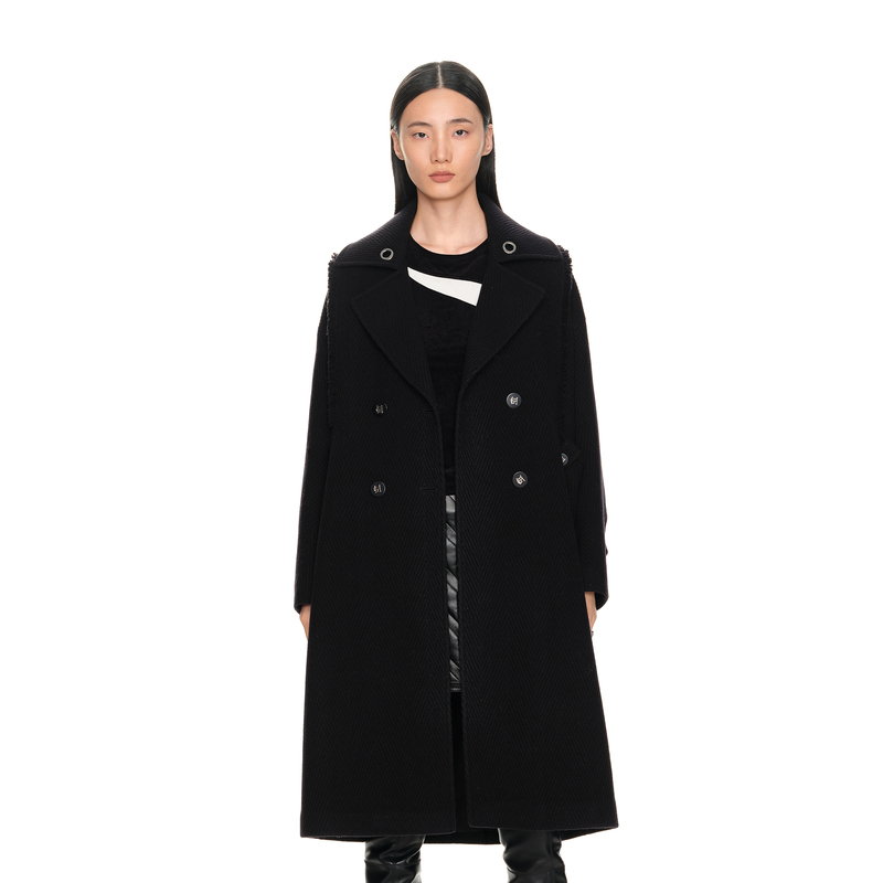 H·GENTEEL荷高年新款冬装女落肩大廓型金属气眼帽绳大衣