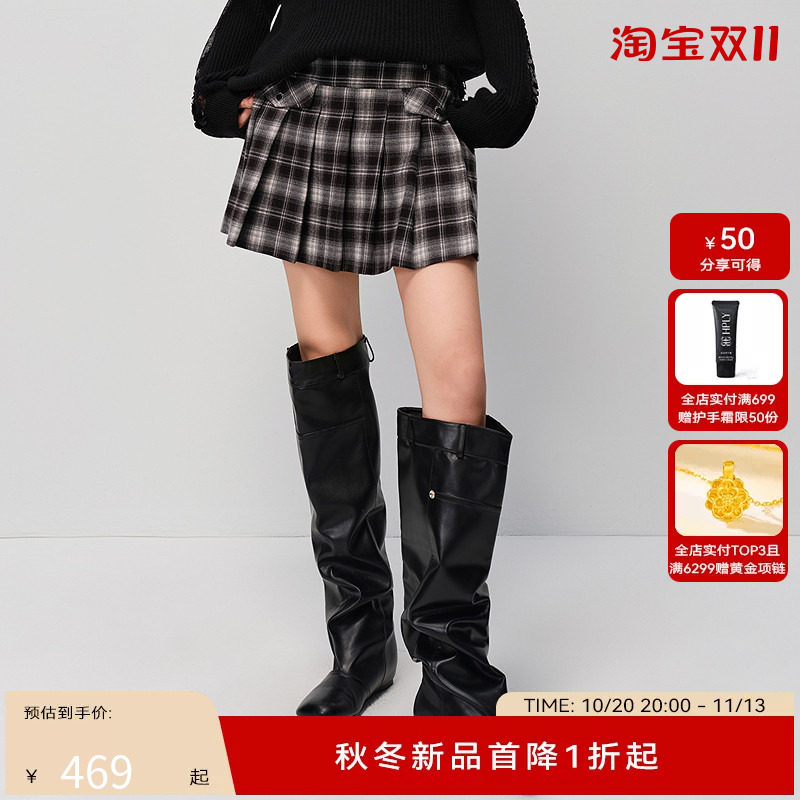 H·GENTEEL荷高2025新款冬女经典格纹灵动百褶显瘦短款半身裙
