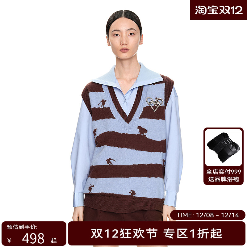 H·GENTEEL荷高年新款冬装女V领条纹宽松廓形图案针织衫