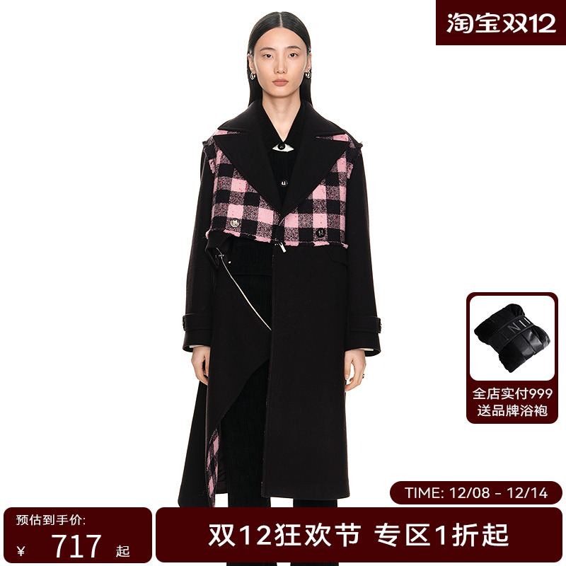H·GENTEEL荷高年新款冬装女花纱感格纹宽松西装廓形大衣