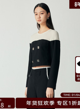 H·GENTEEL荷高新秋装女撞色针梭拼圆领套头上衣GUD33610665