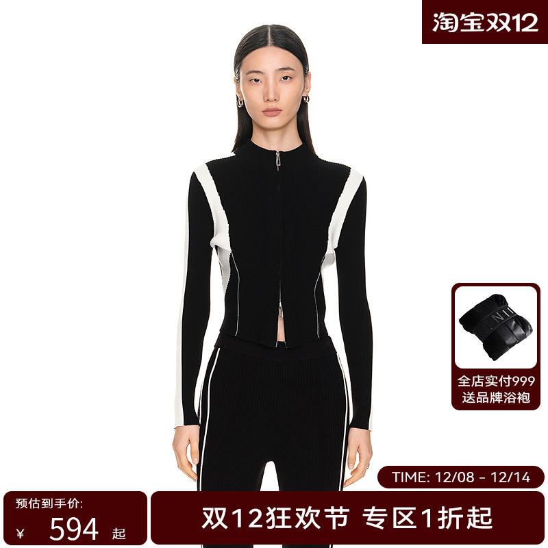 H·GENTEEL荷高新款冬装女几何色块拼接金属拉链针织衫