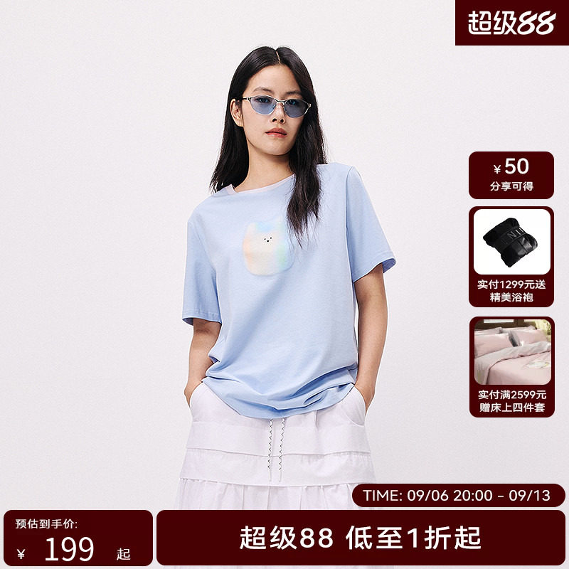 HPLY荷比俪2025夏新款女猫咪图案简约可爱短袖T恤图片