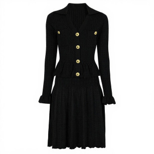 显瘦长袖 针织翻领修身 连衣裙女 春秋时尚 新闻女王文慧心佘诗曼同款