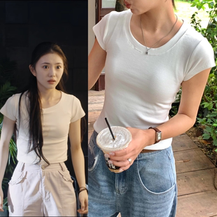 U领修身 百搭设计感打底衫 上衣 裸感T恤短袖 七根心简木代刘浩存同款