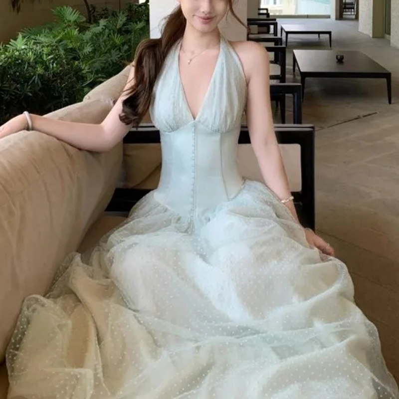 御姐风辣妹名媛拼接挂脖连衣裙女