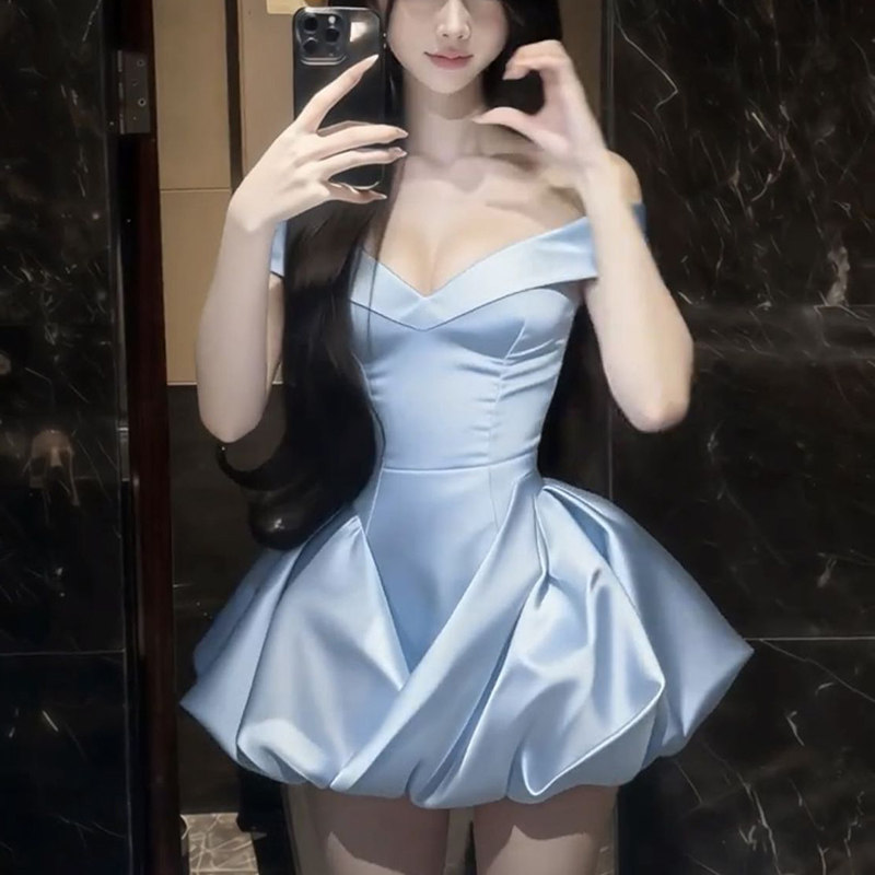 名媛甜美温柔一字领抹胸连衣裙女