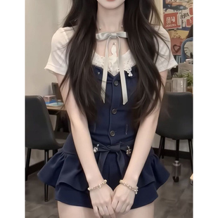 纯欲风甜美学院蝴蝶结套装女夏季修身短袖上衣高腰短裤裙子两件套