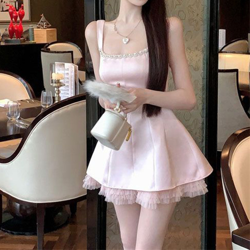 微胖大码韩系小众纯欲风甜辣妹吊带连衣裙女夏季名媛高级感短裙子