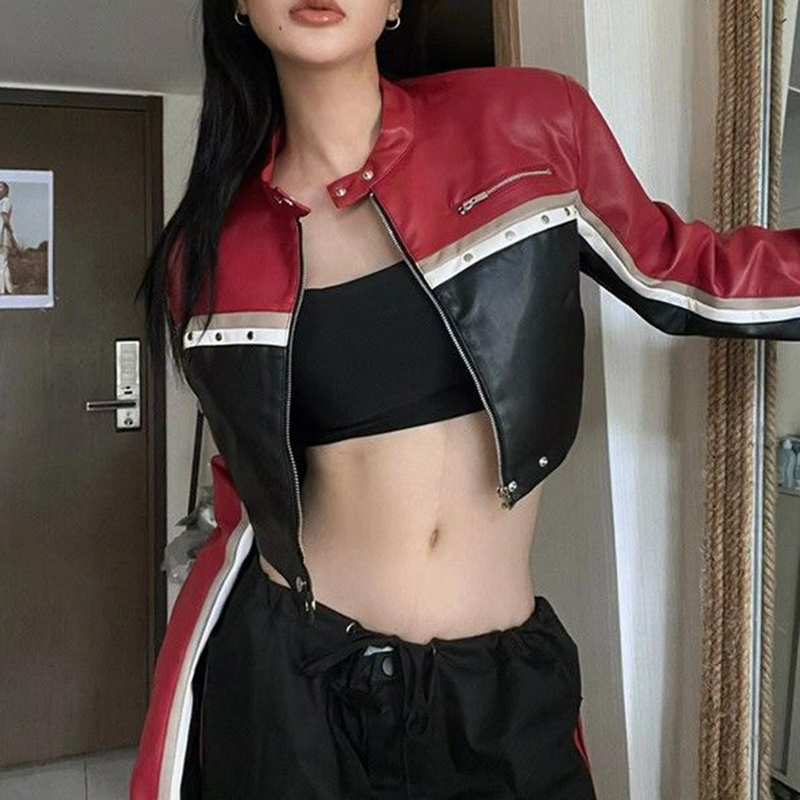 复古美式撞色拼接机车皮衣外套女