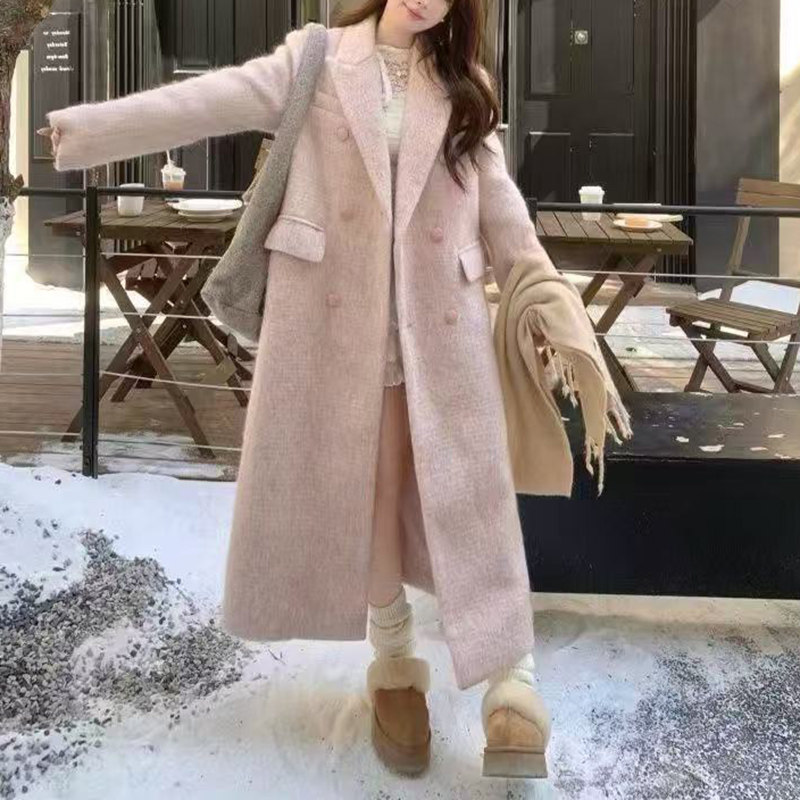韩系加厚粉色气质呢子西装外套女秋冬季高级感赫本风显瘦呢子大衣