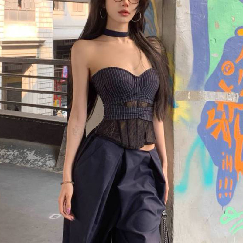 辣妹条纹拼接鱼骨抹胸蕾丝吊带背心女夏季性感高级收腰显瘦上衣潮