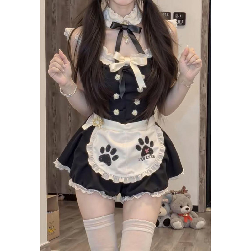 蕾丝减龄性感套装女夏季蝴蝶结纯欲辣妹小飞袖收腰气质短裙围裙子