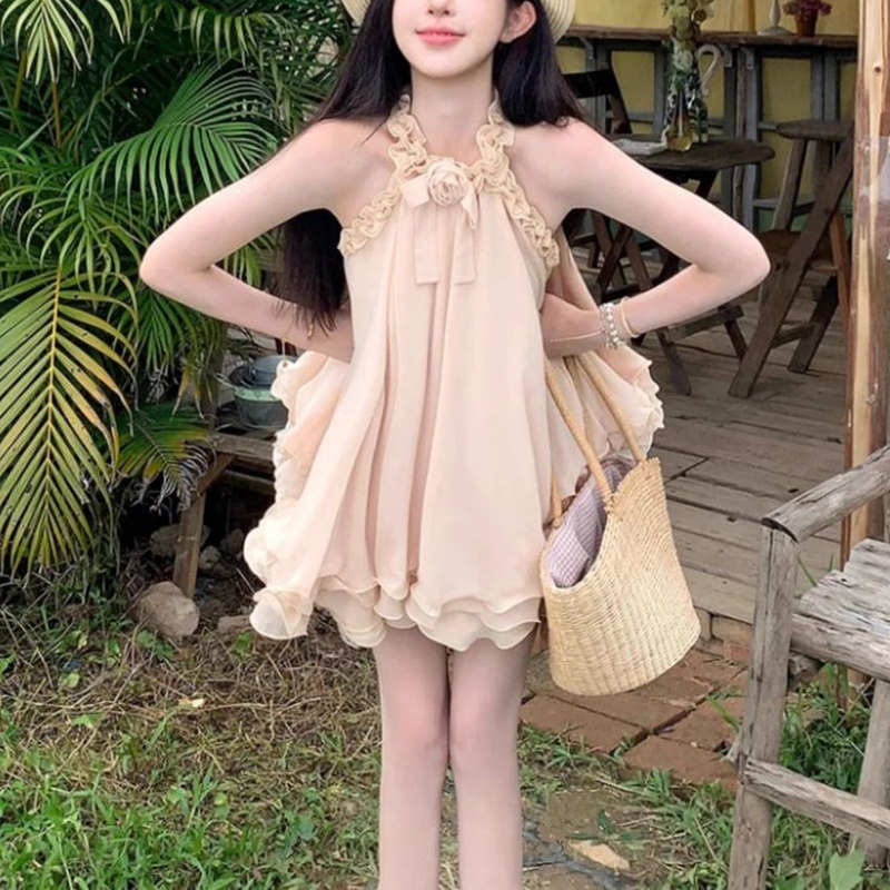 纯欲风甜美性感玫瑰挂脖连衣裙女