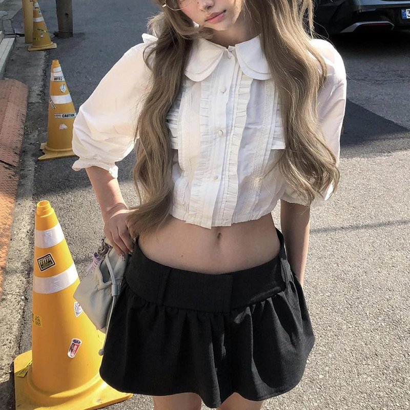 中袖短款衬衫上衣显瘦半身裙套装
