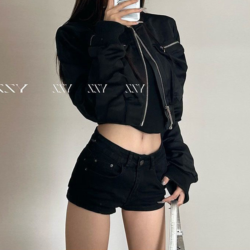 韩版潮流辣妹拉链短款外套女春秋季款高腰修身显瘦棒球服夹克上衣