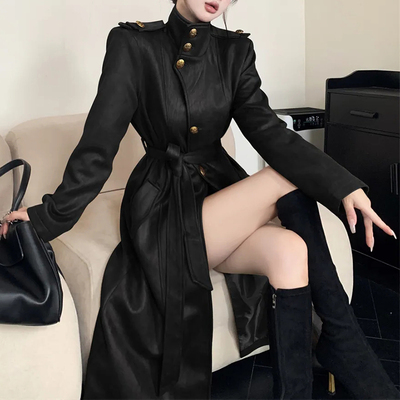 韩系时尚立领系带皮衣风衣外套女