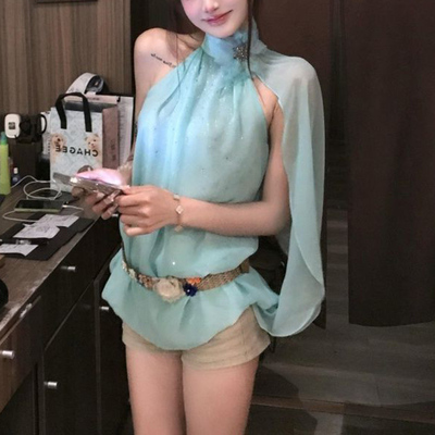 甜美千金重工花朵无袖挂脖背心女