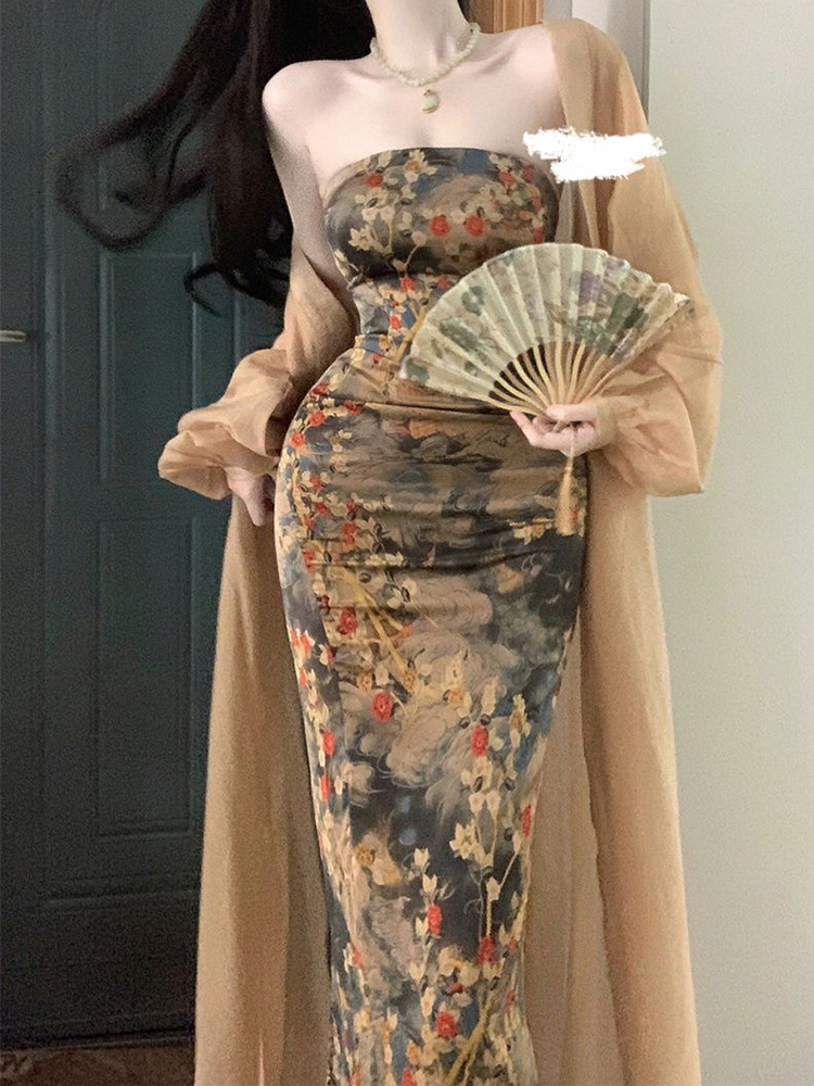 新中式中国风复古套装女春季气质开衫收腰碎花抹胸连衣裙子两件套