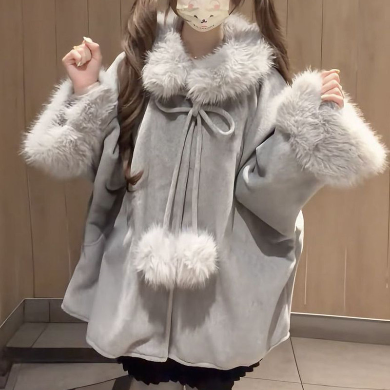 韩系甜美可爱通勤风毛领拼接外套