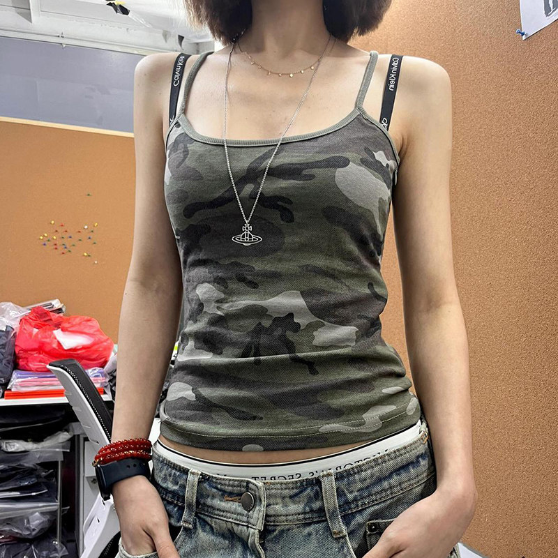 纯棉辣妹迷彩简约短款吊带背心女