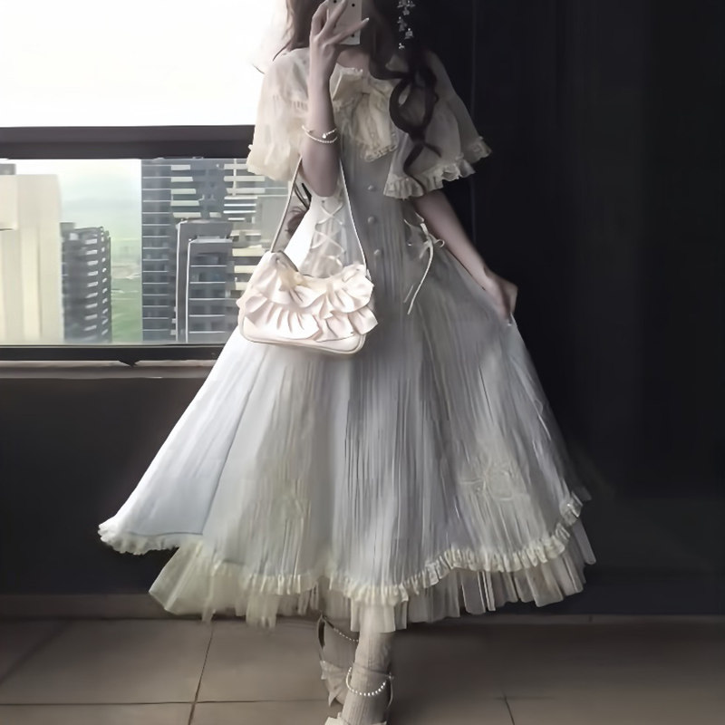 甜美日系少女感收腰斗篷连衣裙女