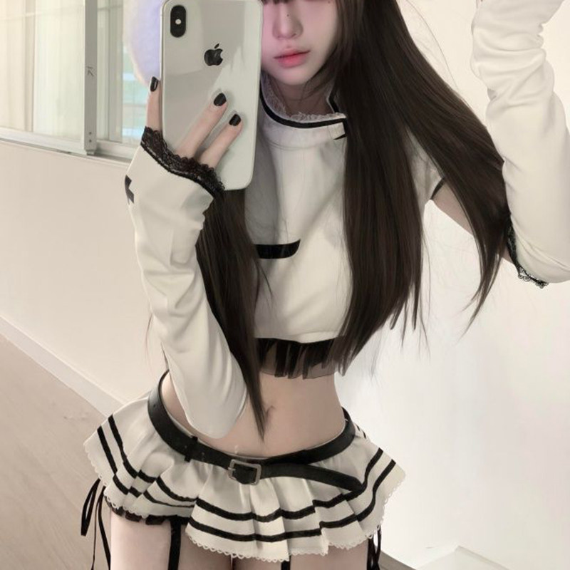 拼接短款上衣高腰半身短裙两件套