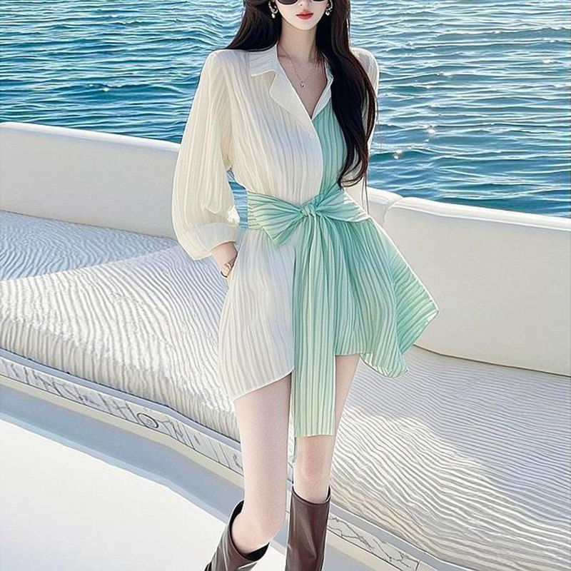 名媛小香风拼接条纹衬衫连衣裙女