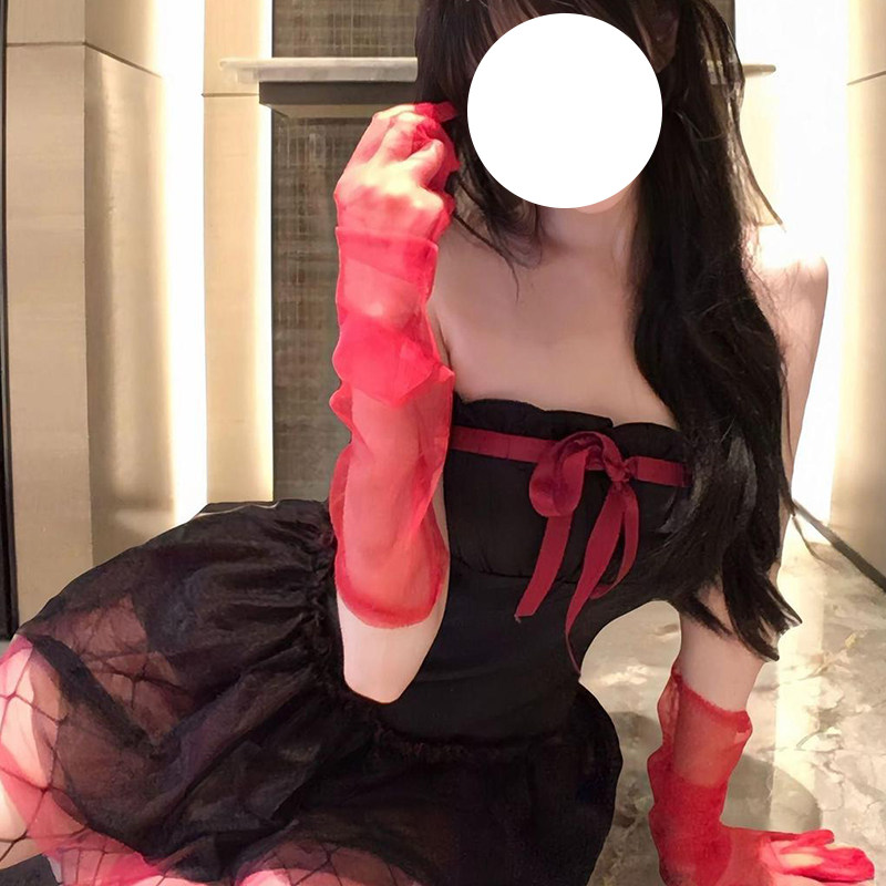 黑红甜美恶魔抹胸连衣裙套装女
