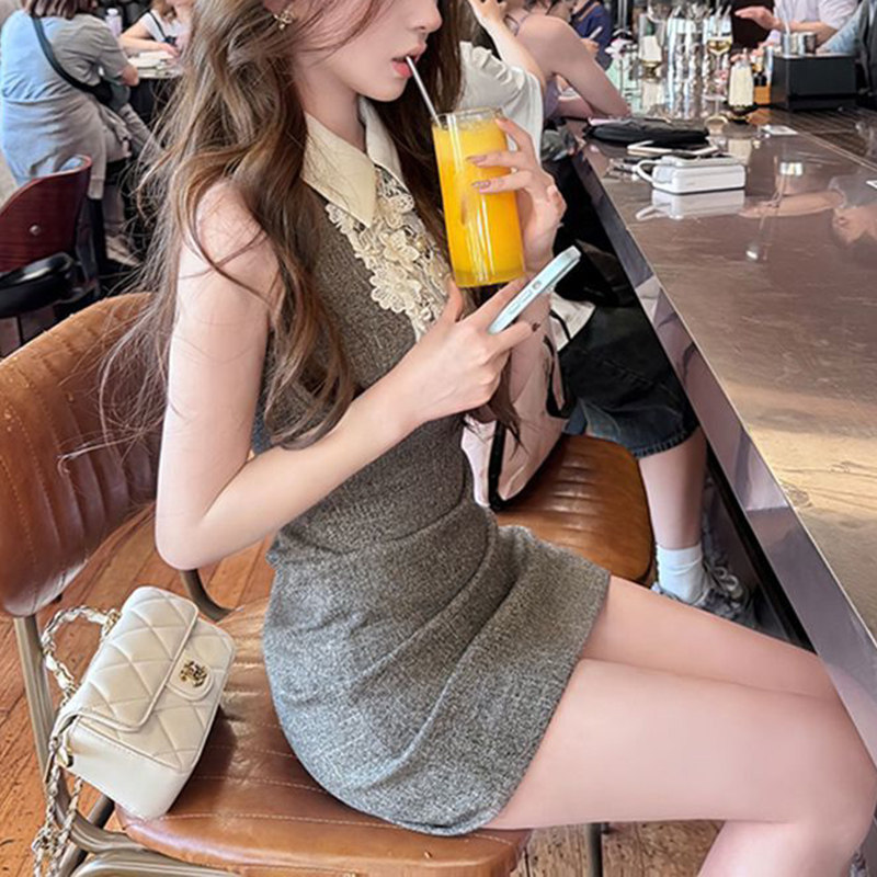 富家千金Polo领蕾丝拼接连衣裙女