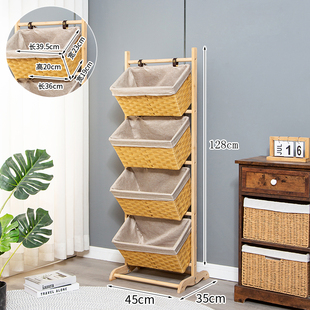 客厅零食玩具收纳架实木置物架卧室藤编多层落地加宽大容量收纳篮