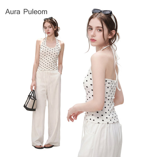 Aura Puleom挂脖波点辣妹上衣女U领吊带背心上衣外穿