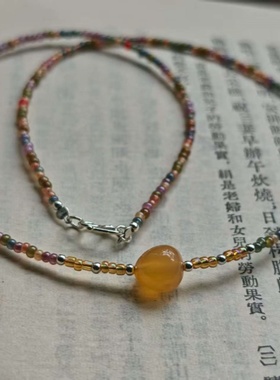 喵家 超细2mm进口幻彩琉璃米珠锁骨项链 天然随形橙玉髓 S925银扣