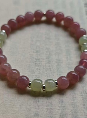 天然无优化6mm紫马粉天然和田玉老型珠手链 S925纯银隔珠