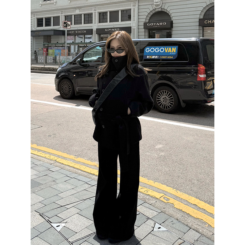 英伦风黑色立领毛呢外套女