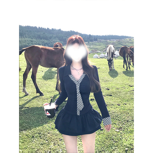 纯欲辣妹风套装女早秋季格纹领带长袖t恤上衣+显瘦蓬蓬短裙两件套