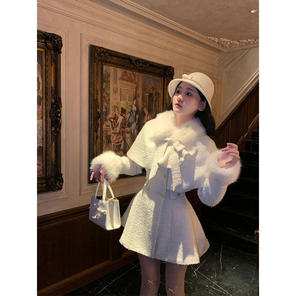 白色小香千金风蝴蝶结收腰气质斗篷大衣两件套2025年秋季新款女