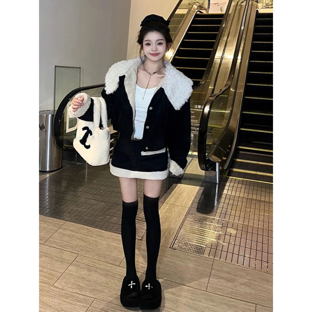 【冬日街头】韩版新款洋气加厚大翻领外套+显瘦半身裙气质千金风