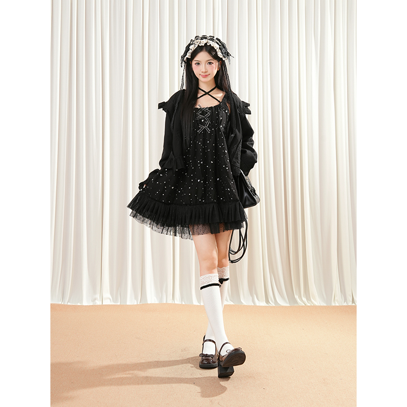 【甜波波】可爱蕾丝吊带蛋糕裙+花边小猫耳朵开衫两件套小个子女