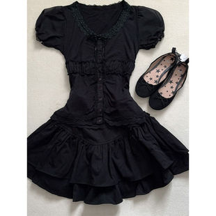 黑色衬衫套装裙女夏季vintage古着穿搭小个子收腰显瘦上衣+蛋糕裙