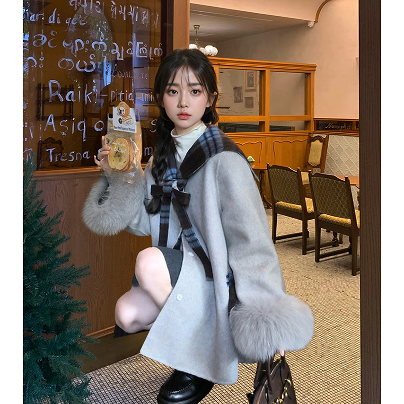 航海艺术家/韩系格子大衣秋冬新款毛毛袖海军领气质夹棉毛呢外套