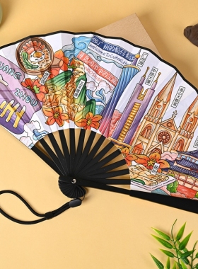 8寸广州西安旅游小巧便携随身国潮景点打卡拍照国风折扇夏季扇子