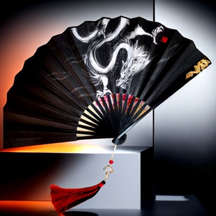 中国龙10寸双面绢布国风霸气折扇古风国潮马面裙扇子夏季 随身男士