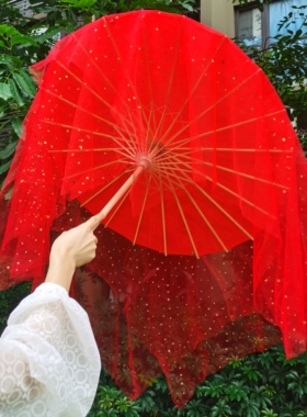红色纱幔油纸伞绸布伞古风小号