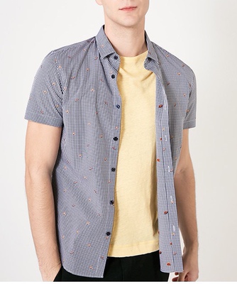 t区绫致SELECTED思莱德都市简约休闲修身格纹短袖衬衫男