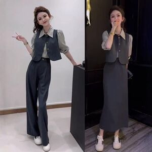 秋季套装女2024新款时尚套装裙气质减龄马甲衬衫叠穿休闲裤三件套