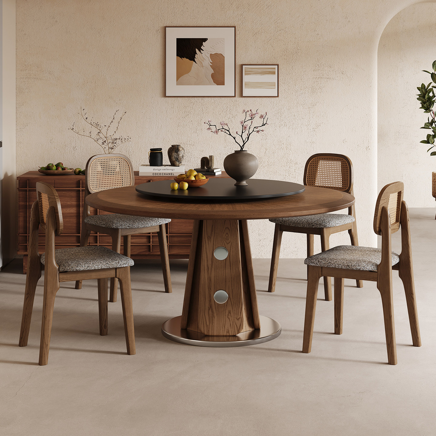 政府补贴卡答中古风实木岩板圆桌带转盘法式复古家用小户型餐桌椅